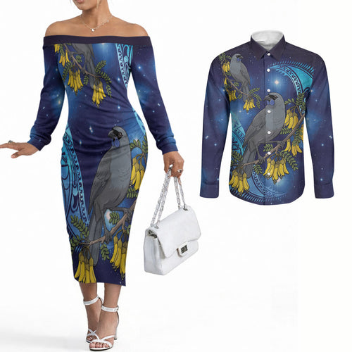 New Zealand Kokako Bird Couples Matching Off The Shoulder Long Sleeve Dress and Long Sleeve Button Shirt Kowhai Galaxy Style Polynesian Pattern