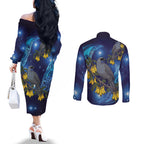 New Zealand Kokako Bird Couples Matching Off The Shoulder Long Sleeve Dress and Long Sleeve Button Shirt Kowhai Galaxy Style Polynesian Pattern
