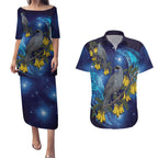 New Zealand Kokako Bird Couples Matching Puletasi and Hawaiian Shirt Kowhai Galaxy Style Polynesian Pattern