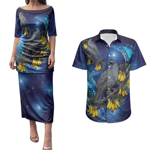 New Zealand Kokako Bird Couples Matching Puletasi and Hawaiian Shirt Kowhai Galaxy Style Polynesian Pattern