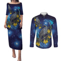 New Zealand Kokako Bird Couples Matching Puletasi and Long Sleeve Button Shirt Kowhai Galaxy Style Polynesian Pattern