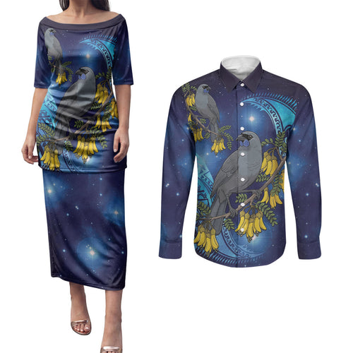 New Zealand Kokako Bird Couples Matching Puletasi and Long Sleeve Button Shirt Kowhai Galaxy Style Polynesian Pattern