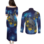 New Zealand Kokako Bird Couples Matching Puletasi and Long Sleeve Button Shirt Kowhai Galaxy Style Polynesian Pattern