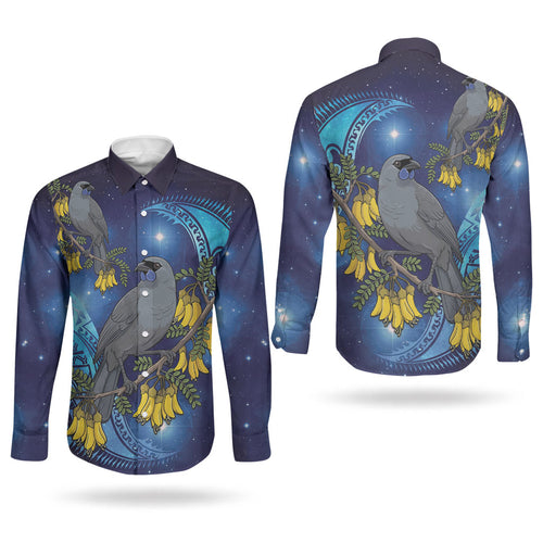 New Zealand Kokako Bird Couples Matching Puletasi and Long Sleeve Button Shirt Kowhai Galaxy Style Polynesian Pattern