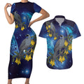 New Zealand Kokako Bird Couples Matching Short Sleeve Bodycon Dress and Hawaiian Shirt Kowhai Galaxy Style Polynesian Pattern