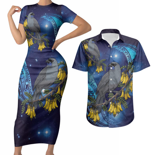 New Zealand Kokako Bird Couples Matching Short Sleeve Bodycon Dress and Hawaiian Shirt Kowhai Galaxy Style Polynesian Pattern