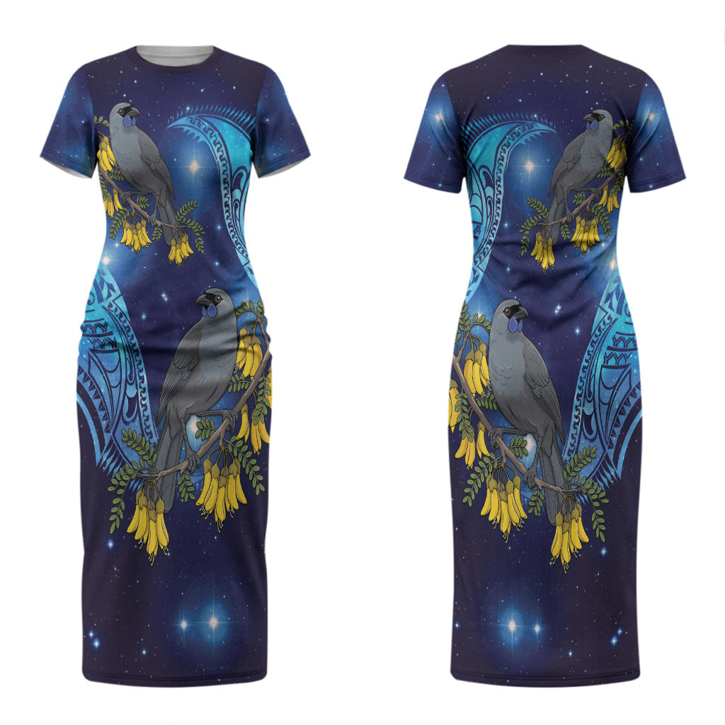 New Zealand Kokako Bird Couples Matching Short Sleeve Bodycon Dress and Hawaiian Shirt Kowhai Galaxy Style Polynesian Pattern LT22