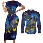 New Zealand Kokako Bird Couples Matching Short Sleeve Bodycon Dress and Long Sleeve Button Shirt Kowhai Galaxy Style Polynesian Pattern