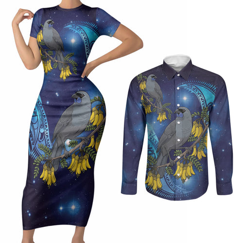 New Zealand Kokako Bird Couples Matching Short Sleeve Bodycon Dress and Long Sleeve Button Shirt Kowhai Galaxy Style Polynesian Pattern