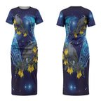 New Zealand Kokako Bird Couples Matching Short Sleeve Bodycon Dress and Long Sleeve Button Shirt Kowhai Galaxy Style Polynesian Pattern LT22