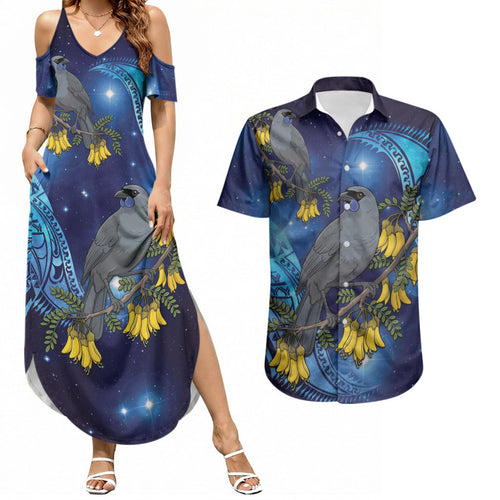 New Zealand Kokako Bird Couples Matching Summer Maxi Dress and Hawaiian Shirt Kowhai Galaxy Style Polynesian Pattern