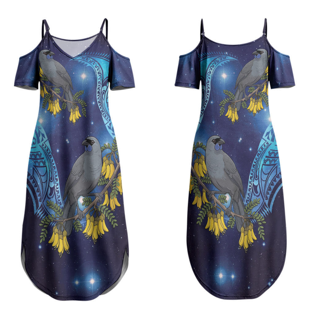 New Zealand Kokako Bird Couples Matching Summer Maxi Dress and Hawaiian Shirt Kowhai Galaxy Style Polynesian Pattern LT22