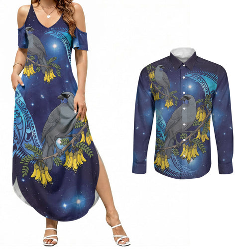 New Zealand Kokako Bird Couples Matching Summer Maxi Dress and Long Sleeve Button Shirt Kowhai Galaxy Style Polynesian Pattern
