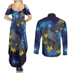New Zealand Kokako Bird Couples Matching Summer Maxi Dress and Long Sleeve Button Shirt Kowhai Galaxy Style Polynesian Pattern