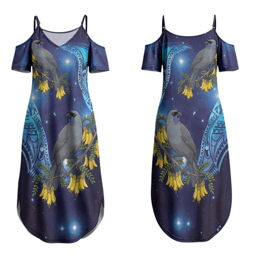 New Zealand Kokako Bird Couples Matching Summer Maxi Dress and Long Sleeve Button Shirt Kowhai Galaxy Style Polynesian Pattern LT22