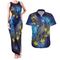 New Zealand Kokako Bird Couples Matching Tank Maxi Dress and Hawaiian Shirt Kowhai Galaxy Style Polynesian Pattern