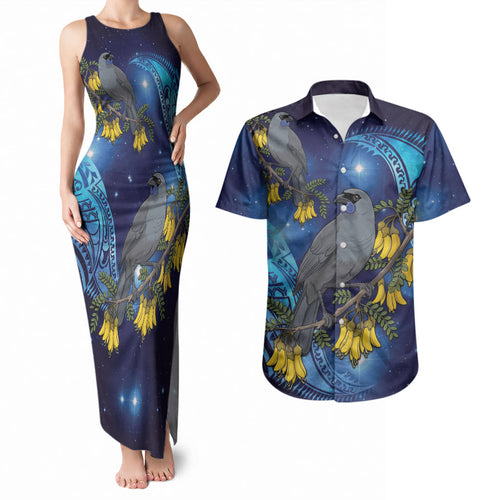New Zealand Kokako Bird Couples Matching Tank Maxi Dress and Hawaiian Shirt Kowhai Galaxy Style Polynesian Pattern
