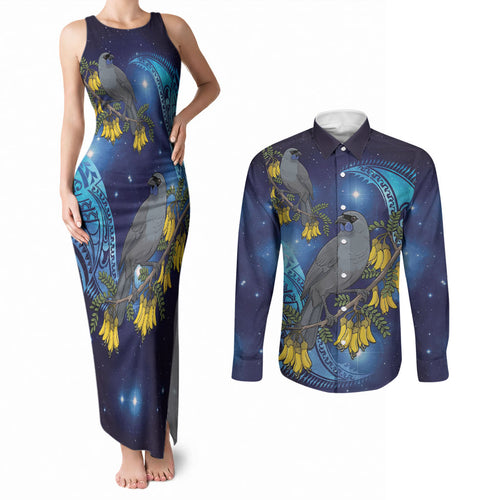 New Zealand Kokako Bird Couples Matching Tank Maxi Dress and Long Sleeve Button Shirt Kowhai Galaxy Style Polynesian Pattern