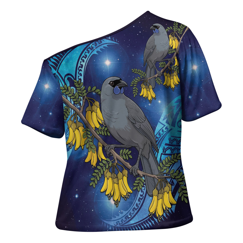 New Zealand Kokako Bird Cross Shoulder Shirt Kowhai Galaxy Style Polynesian Pattern