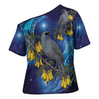 New Zealand Kokako Bird Cross Shoulder Shirt Kowhai Galaxy Style Polynesian Pattern