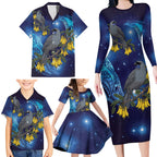 New Zealand Kokako Bird Family Matching Long Sleeve Bodycon Dress and Hawaiian Shirt Kowhai Galaxy Style Polynesian Pattern