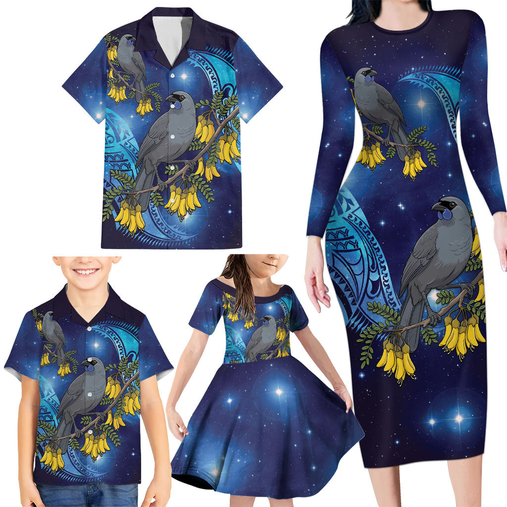 New Zealand Kokako Bird Family Matching Long Sleeve Bodycon Dress and Hawaiian Shirt Kowhai Galaxy Style Polynesian Pattern