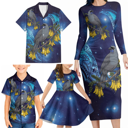 New Zealand Kokako Bird Family Matching Long Sleeve Bodycon Dress and Hawaiian Shirt Kowhai Galaxy Style Polynesian Pattern