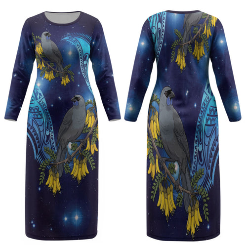 New Zealand Kokako Bird Family Matching Long Sleeve Bodycon Dress and Hawaiian Shirt Kowhai Galaxy Style Polynesian Pattern