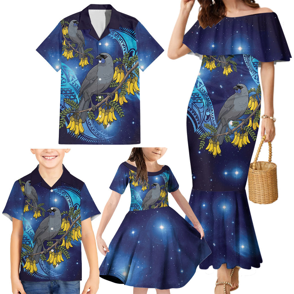 New Zealand Kokako Bird Family Matching Mermaid Dress and Hawaiian Shirt Kowhai Galaxy Style Polynesian Pattern
