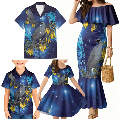 New Zealand Kokako Bird Family Matching Mermaid Dress and Hawaiian Shirt Kowhai Galaxy Style Polynesian Pattern
