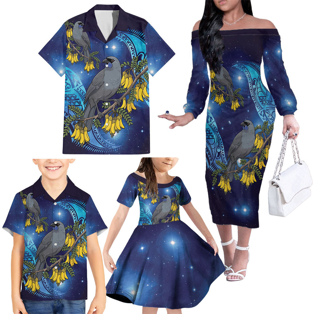 New Zealand Kokako Bird Family Matching Off The Shoulder Long Sleeve Dress and Hawaiian Shirt Kowhai Galaxy Style Polynesian Pattern