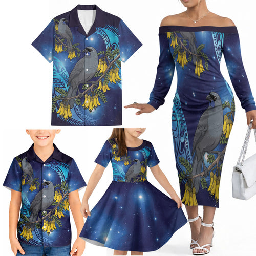 New Zealand Kokako Bird Family Matching Off The Shoulder Long Sleeve Dress and Hawaiian Shirt Kowhai Galaxy Style Polynesian Pattern