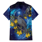 New Zealand Kokako Bird Family Matching Off The Shoulder Long Sleeve Dress and Hawaiian Shirt Kowhai Galaxy Style Polynesian Pattern