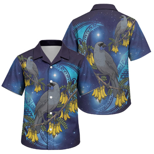 New Zealand Kokako Bird Family Matching Off The Shoulder Long Sleeve Dress and Hawaiian Shirt Kowhai Galaxy Style Polynesian Pattern