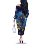 New Zealand Kokako Bird Family Matching Off The Shoulder Long Sleeve Dress and Hawaiian Shirt Kowhai Galaxy Style Polynesian Pattern