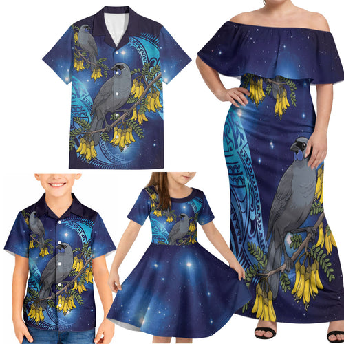 New Zealand Kokako Bird Family Matching Off Shoulder Maxi Dress and Hawaiian Shirt Kowhai Galaxy Style Polynesian Pattern
