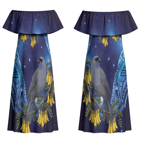 New Zealand Kokako Bird Family Matching Off Shoulder Maxi Dress and Hawaiian Shirt Kowhai Galaxy Style Polynesian Pattern