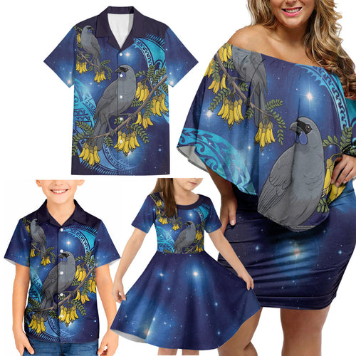 New Zealand Kokako Bird Family Matching Off Shoulder Short Dress and Hawaiian Shirt Kowhai Galaxy Style Polynesian Pattern