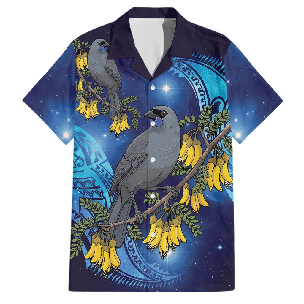 New Zealand Kokako Bird Family Matching Off Shoulder Short Dress and Hawaiian Shirt Kowhai Galaxy Style Polynesian Pattern