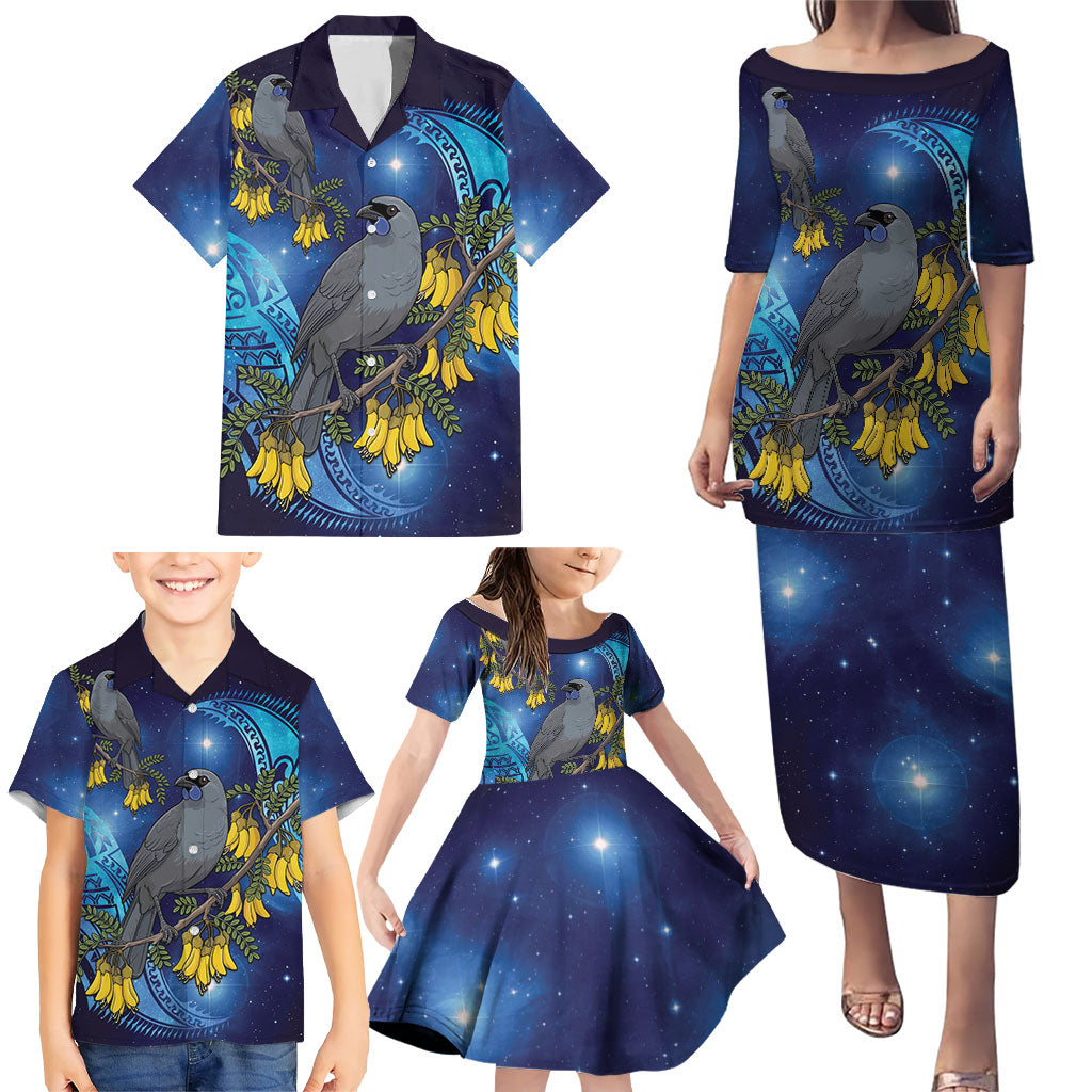 New Zealand Kokako Bird Family Matching Puletasi and Hawaiian Shirt Kowhai Galaxy Style Polynesian Pattern