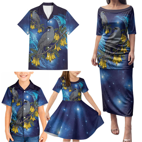 New Zealand Kokako Bird Family Matching Puletasi and Hawaiian Shirt Kowhai Galaxy Style Polynesian Pattern