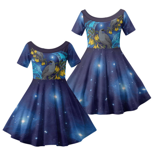 New Zealand Kokako Bird Family Matching Puletasi and Hawaiian Shirt Kowhai Galaxy Style Polynesian Pattern