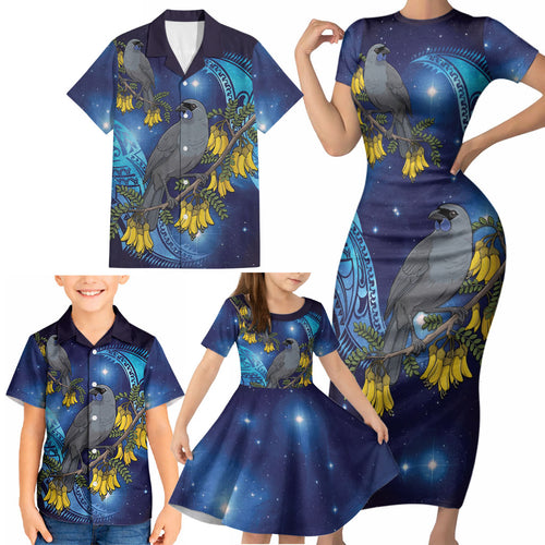 New Zealand Kokako Bird Family Matching Short Sleeve Bodycon Dress and Hawaiian Shirt Kowhai Galaxy Style Polynesian Pattern