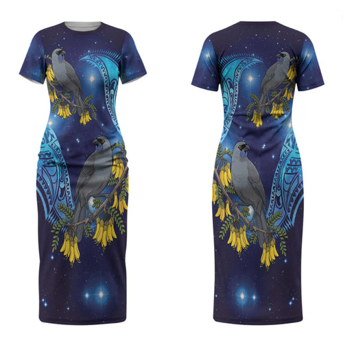 New Zealand Kokako Bird Family Matching Short Sleeve Bodycon Dress and Hawaiian Shirt Kowhai Galaxy Style Polynesian Pattern
