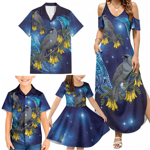 New Zealand Kokako Bird Family Matching Summer Maxi Dress and Hawaiian Shirt Kowhai Galaxy Style Polynesian Pattern