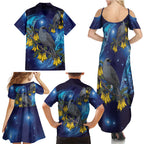 New Zealand Kokako Bird Family Matching Summer Maxi Dress and Hawaiian Shirt Kowhai Galaxy Style Polynesian Pattern