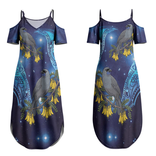 New Zealand Kokako Bird Family Matching Summer Maxi Dress and Hawaiian Shirt Kowhai Galaxy Style Polynesian Pattern