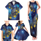 New Zealand Kokako Bird Family Matching Tank Maxi Dress and Hawaiian Shirt Kowhai Galaxy Style Polynesian Pattern