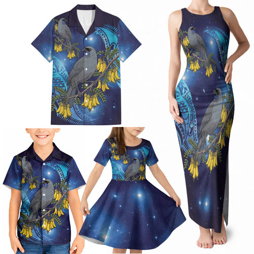 New Zealand Kokako Bird Family Matching Tank Maxi Dress and Hawaiian Shirt Kowhai Galaxy Style Polynesian Pattern