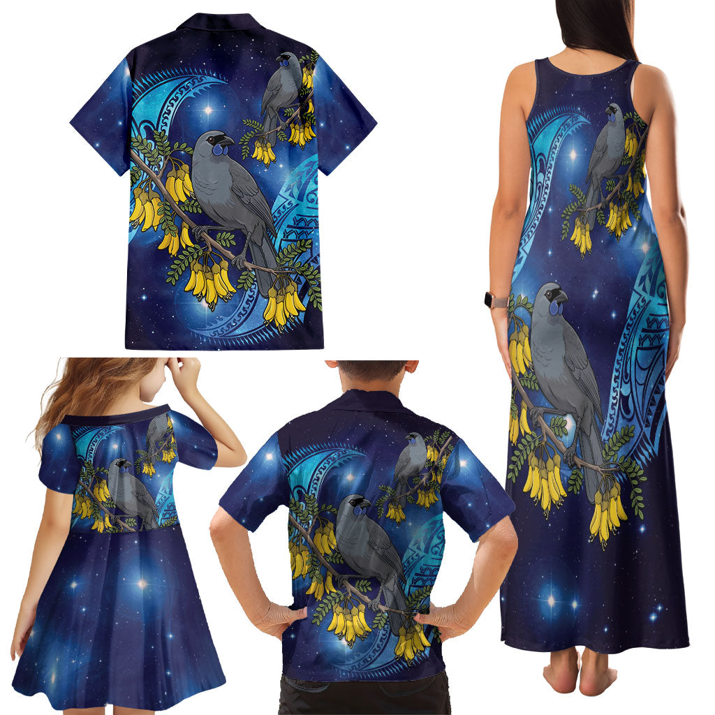 New Zealand Kokako Bird Family Matching Tank Maxi Dress and Hawaiian Shirt Kowhai Galaxy Style Polynesian Pattern